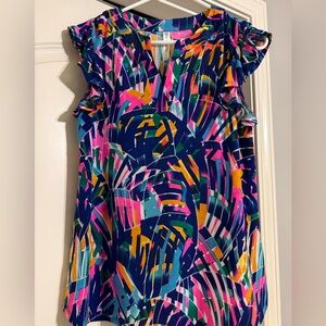 Dear Scarlett Flutter Sleeve V neck Colorful Abstract Women's Blouse New Medium